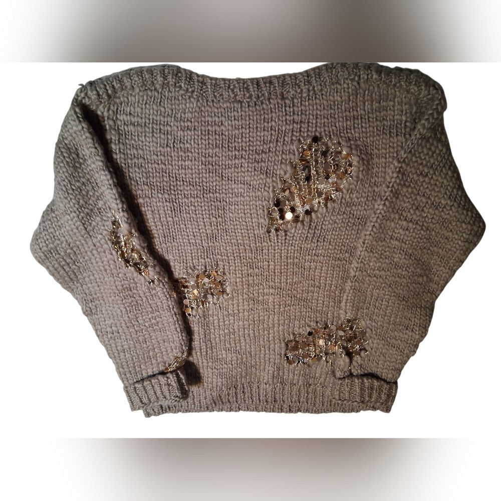 ZARA Mink Limited Edition Chunky Knit Sequin Distressed Sweater Taupe  Medium - Picture 9 of 9